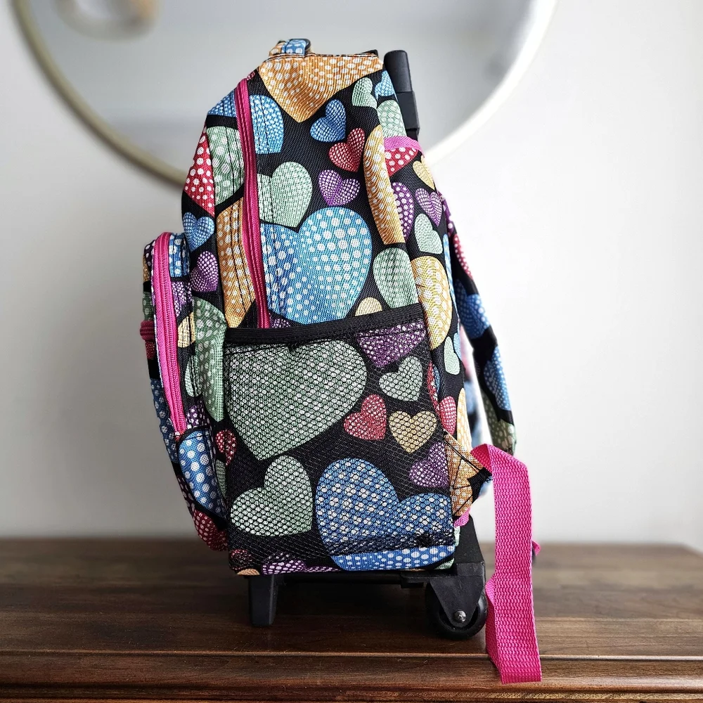 Rockland Rolling Backpack School Bag Travel Luggage Mesh Pockets New Heart 17″